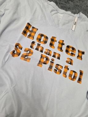 Hotter than a $2 Pistol Victoria's Secret Tee - Light Blue with Orange Plaid